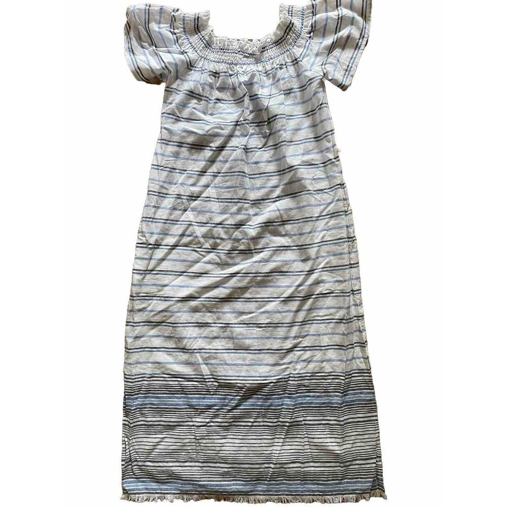 Tommy Bahama Women's Off The Shoulder Linen Stripe MIDI Dress Fringe Hem Medium